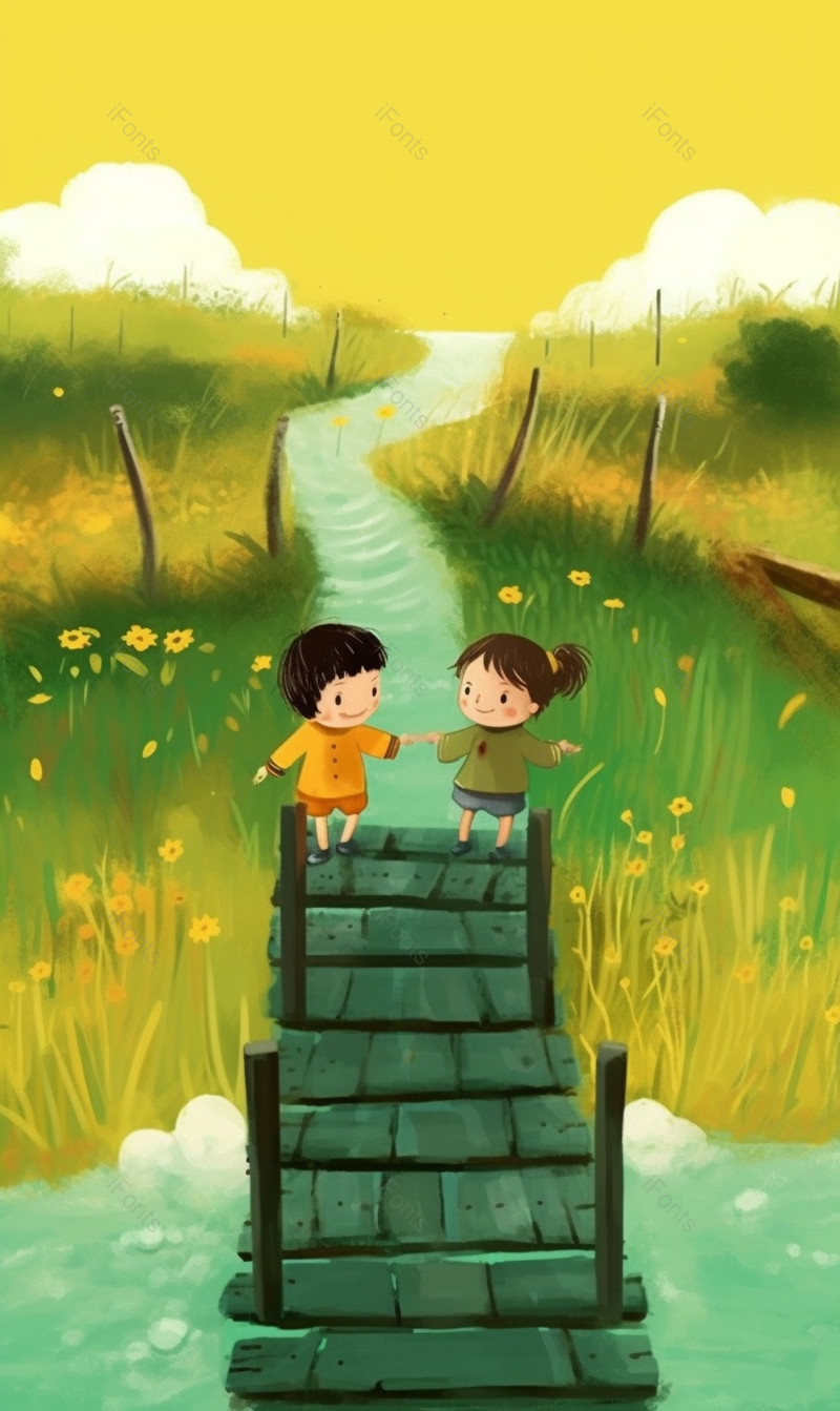 开满黄花的草地上两小孩对视卡通手绘插画,插画/手绘图,插画/手绘图库,插画/手绘图下载,插画/手绘